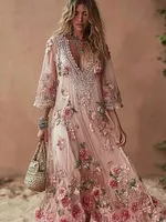 Boho Pink Floral Lace Patchwork Flowy Linen Maxi Dress
