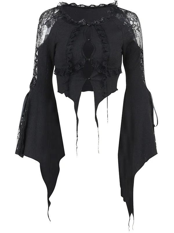 Dark Statement Lace Paneled Off The Shoulder Crew Collar Long Bell Sleeve Asymmetrical Blouse