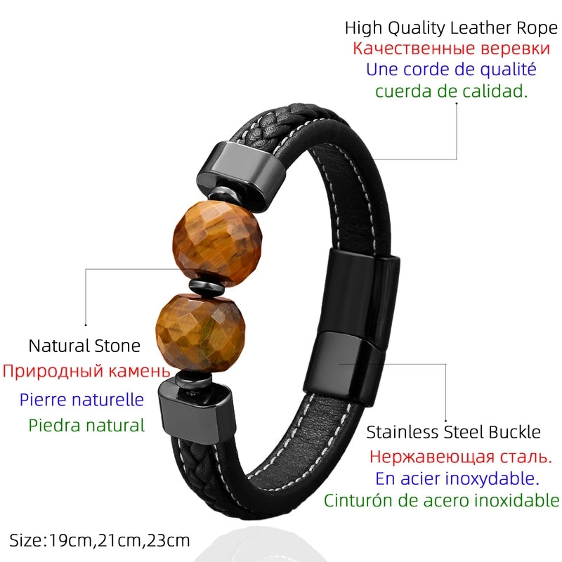 Retro Classic Style Round Leather Rope Iron Beaded Men’s Bracelets