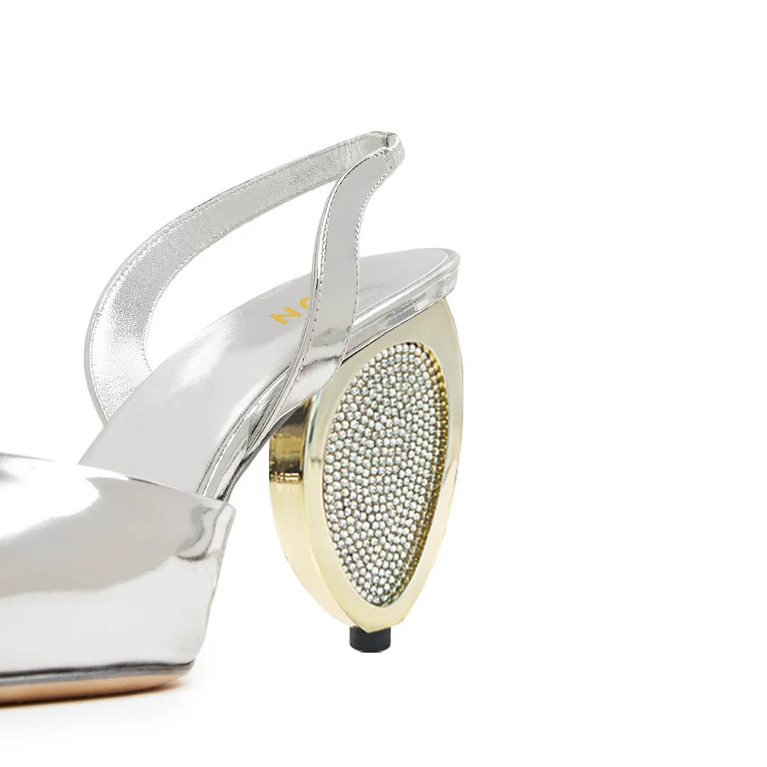 Patent Leather Pointed Toe Slingback Sculptural Heel Silver Pumps