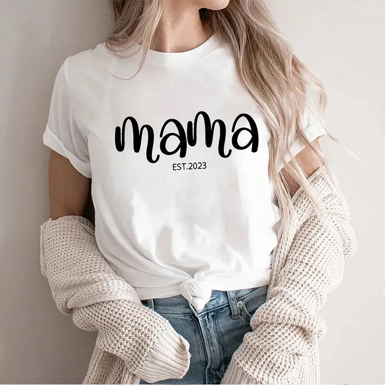Personalised Chest Text Customization Mama Est Year T-shirt, with Children's Names on the Sleeve, Mother's Day Gift