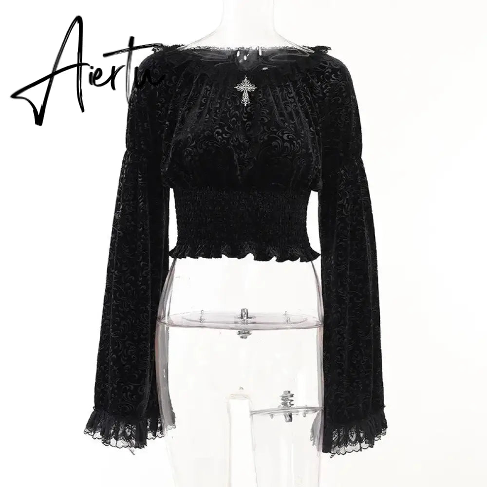 Dark Gothic Sexy Slim Fit Lace Panel Tops Y2K Grunge Vintage Punk Embossed Flare Sleeve Top Women's Autumn New T Shirt for Women Aiertu