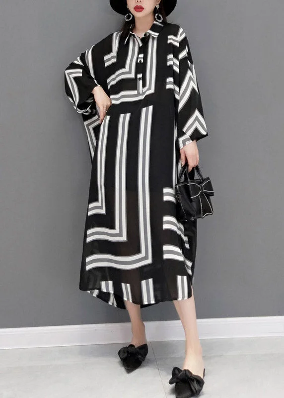 Plus Size Grey Peter Pan Collar Side Open Striped Button Dresses Batwing Sleeve