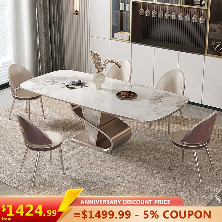 Homemys White Modern Sintered Stone Dining Table with Stainless Steel Base 