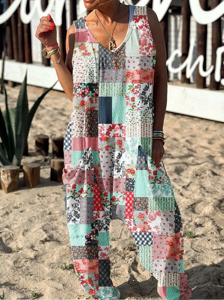 Floral Pattern Hippie Art Print Casual 100% Cotton Wide Leg Jumpsuit