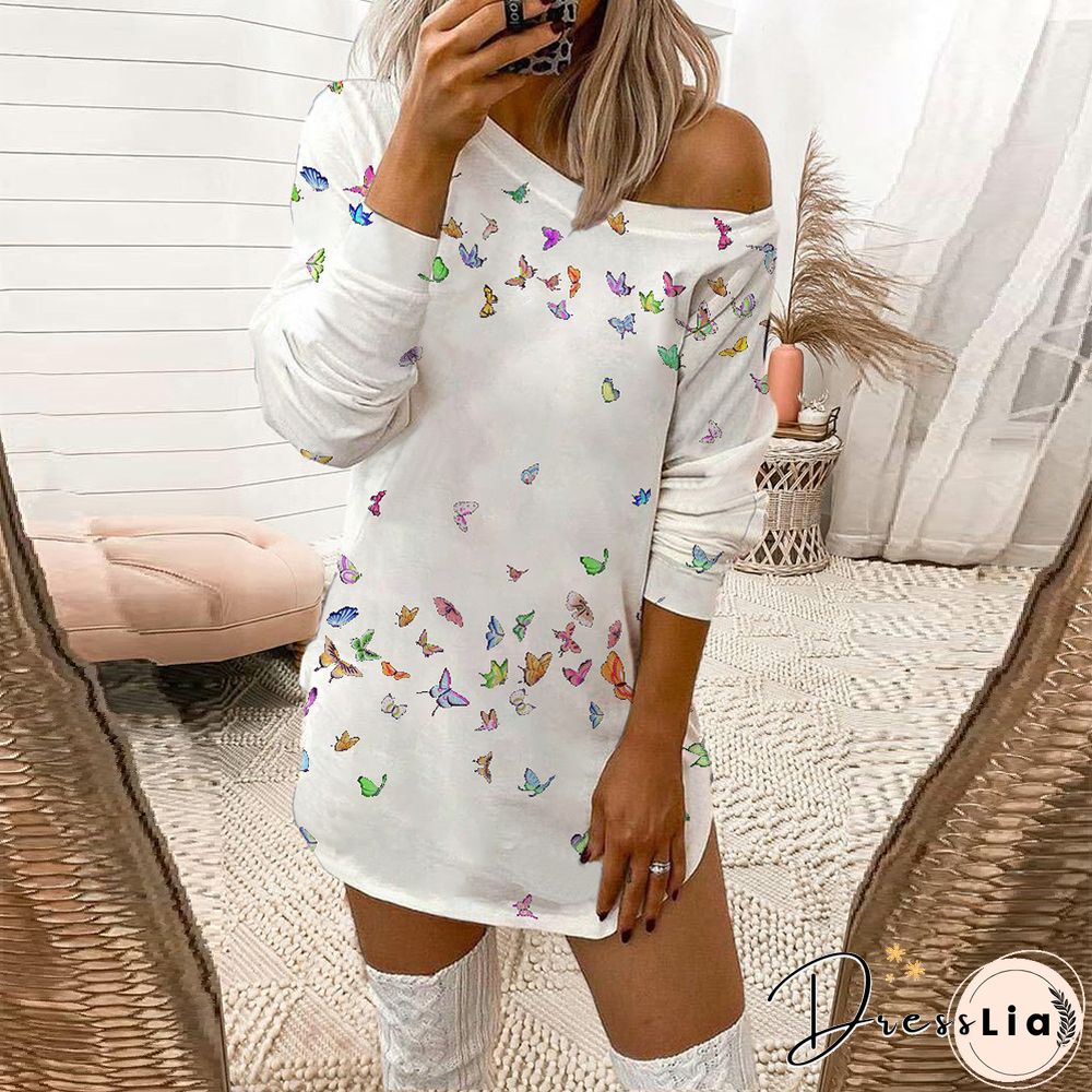 Sexy Leopard Print Off Shoulder Long Sleeve T-shirt Dress Women White Dresses