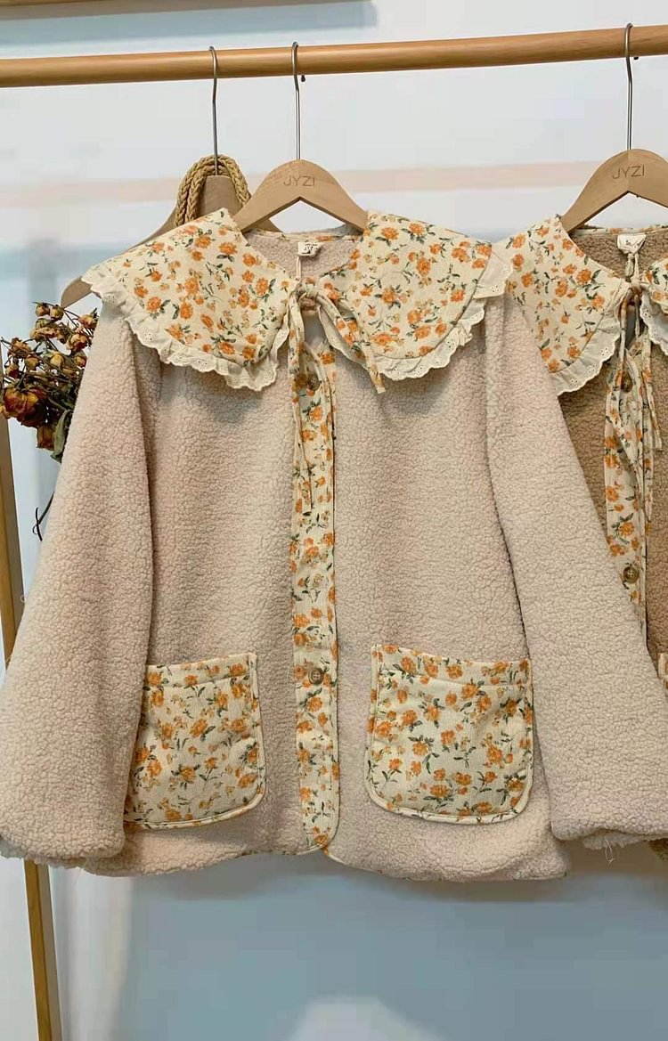 Queenfunky cottagecore style Cozy Oversized Fit Floral Collar Fleece Jacket QueenFunky