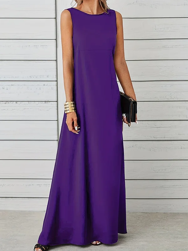 Solid Color Sleeveless Loose Round-Neck Maxi Dresses