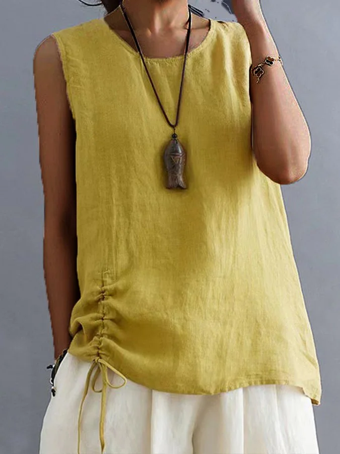 Women's Cotton Hemp Drawstring Solid Color Casual T-shirt