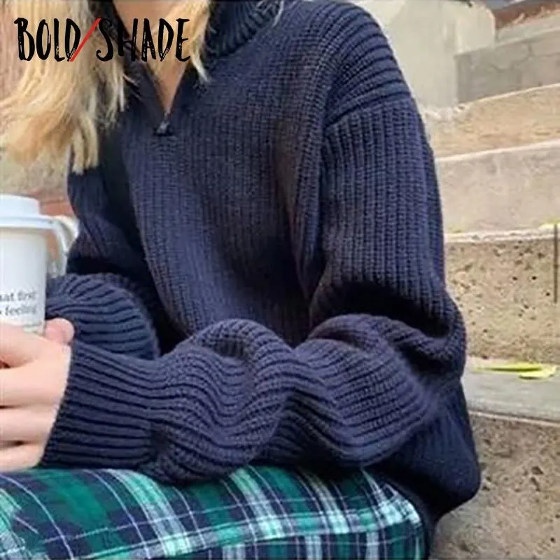 Bold Shade 90s Fashion Grunge Sweater Mock Neck Zipper Knit Pullovers Women Streetwear Solid Sweaters Fall Winter Indie Outfits