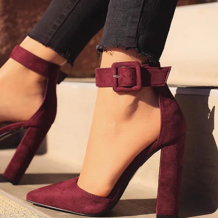 Maroon Buckle Chunky Heel Pointy Toe Ankle Strap Pumps Vdcoo