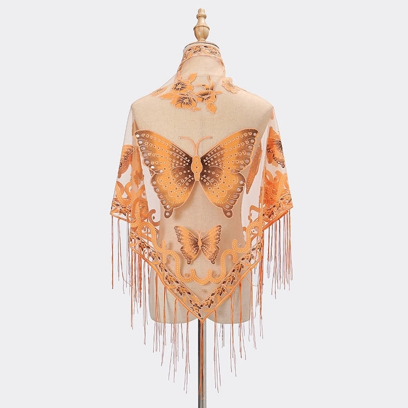 New Tassel Triangle Scarf Solid Color Hollow Lace Butterfly Embroidered Triangle Shawl Scarf For Women