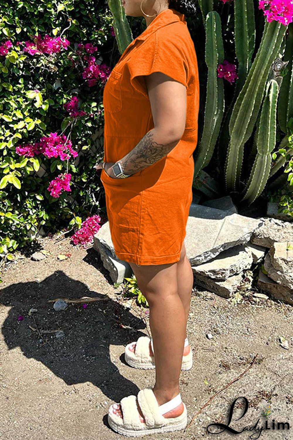 Pink Fashion Casual Solid Patchwork Turndown Collar Regular Romper