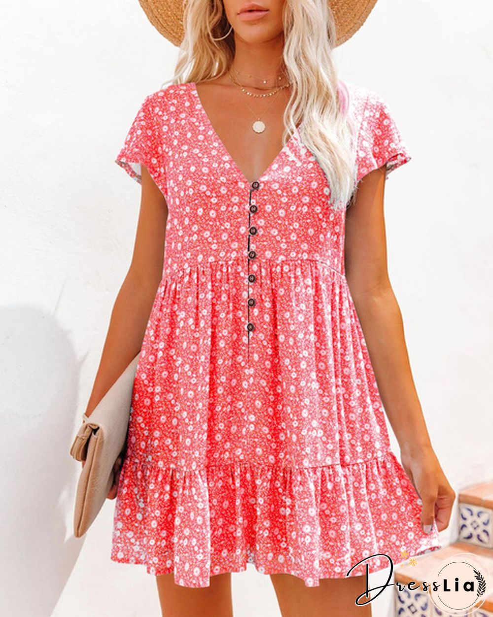 XS-8XL Spring Summer Dresses Plus Size Fashion Clothes Women's Casual Short Sleeve Dress Ladies Button Up Floral Flower Printed Dress Patchwork Loose Mini Pleated Dress Beach Wear Short Party Dress