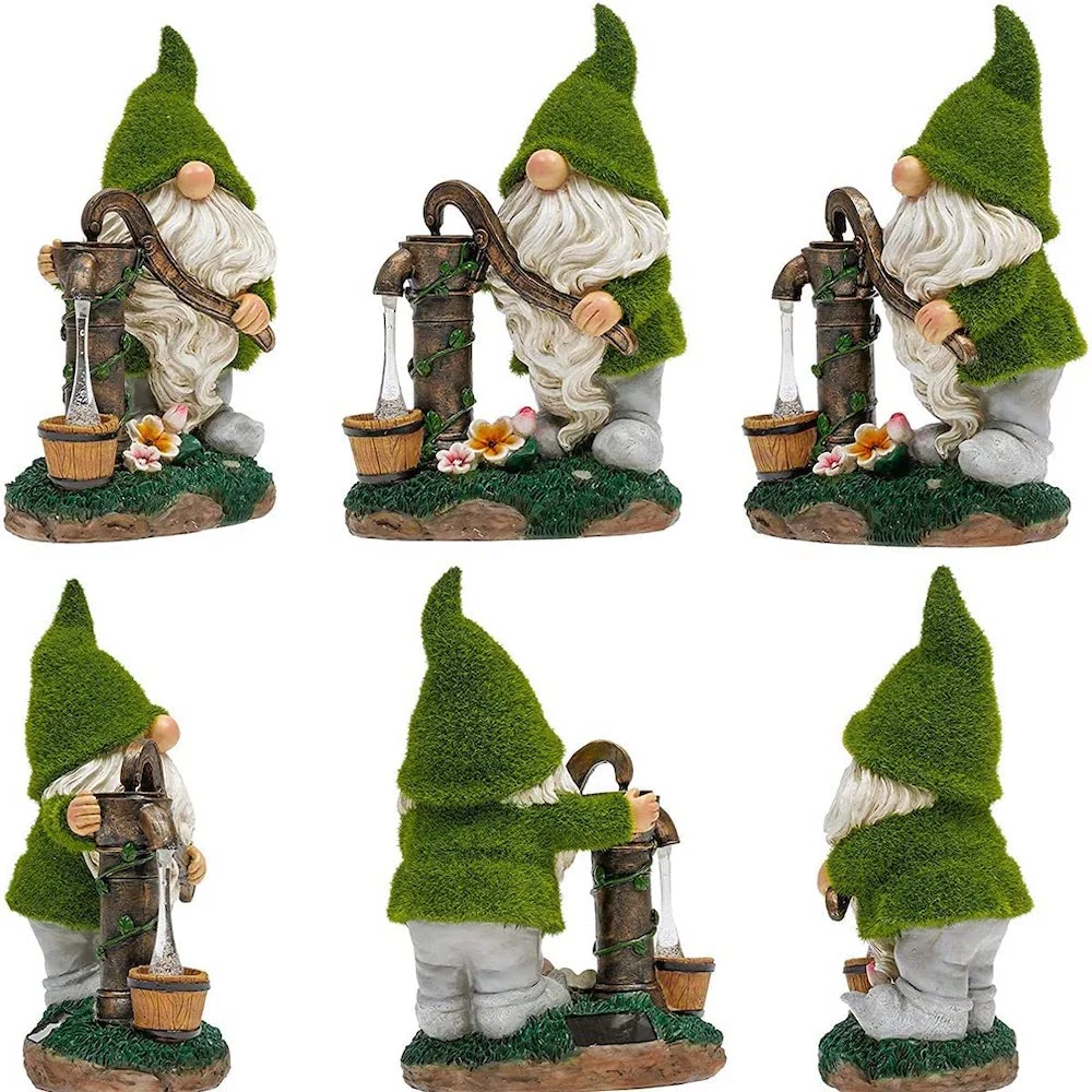 Solar Light Flocked Garden Press Water Gnome