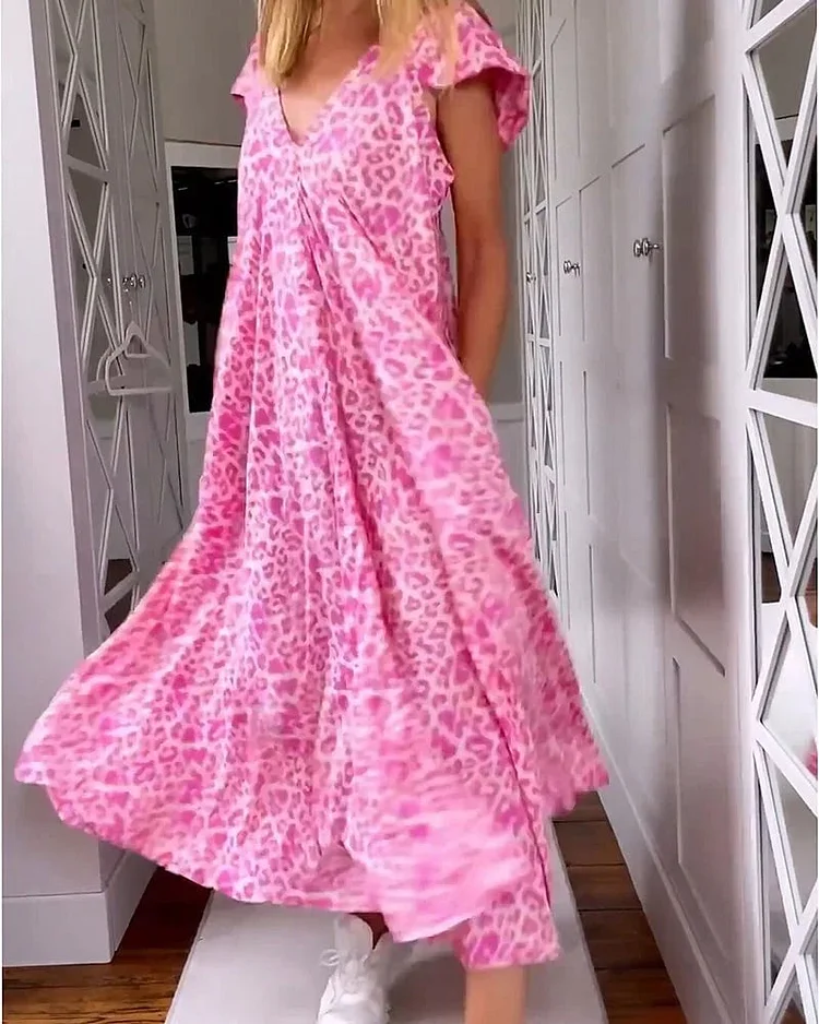 🔥V-Neck Printed Short-Sleeved Long Dress