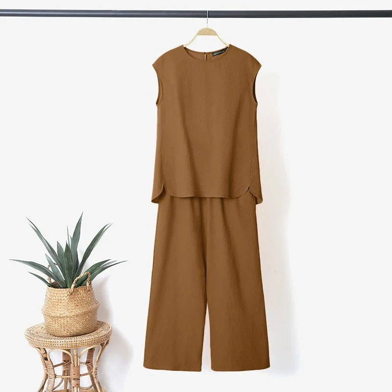 Oversized Holiday Matching Pants Sets ZANZEA 2022 Casual Sleeveless Blouses and Loow Pants Women Solid Sets Female kaftan 2PCS