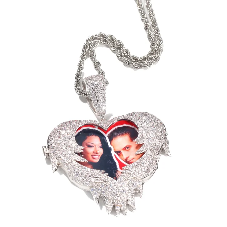 Custom Photos Heart Pendants With Angel Wings Iced Out Hip Hop Bling Bling Necklaces For Women And Men