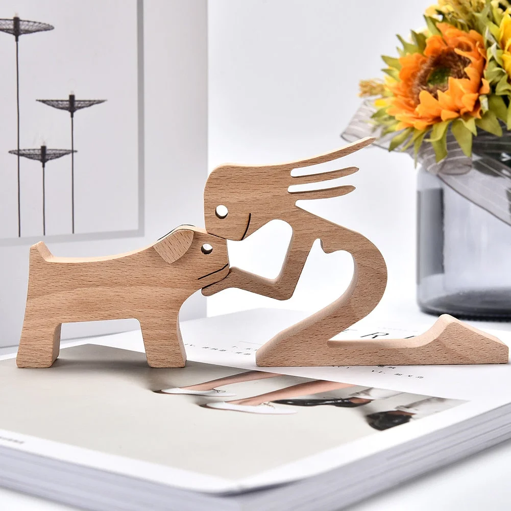 Home Decor Table Ornament Wood Dog Craft Sculpture Handmade Wooden Pets Figurine Crafs Desk Decorations Great Gifts for Friends