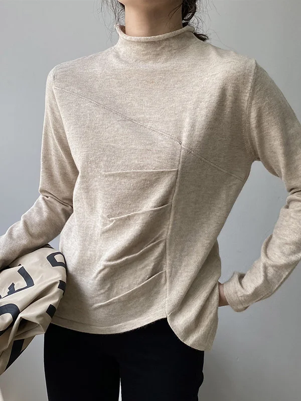 Original 5 Colors Irregular High-Neck Long Sleeves Knitting T-Shirt Top