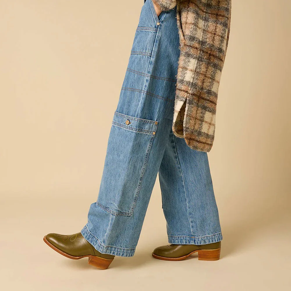 Olive Closed Toe Zipper Embroidered Ankle Cowgirl Boots for Women