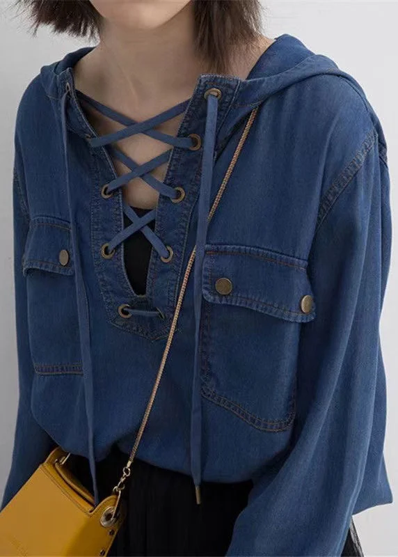 Fashion Blue Hooded Lace Up Denim Shirt Tops Long Sleeve