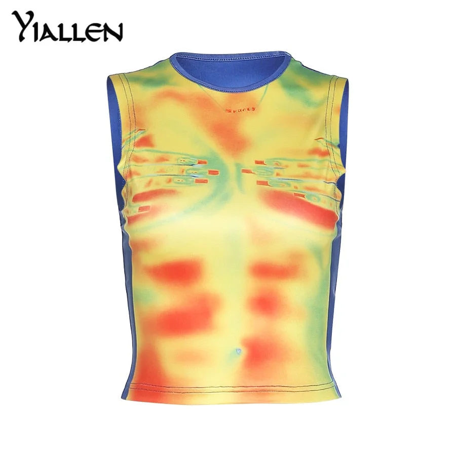 Yiallen Summer Fashion Casual Print Patchwork Tank Top For Women Streetwear Wild Slim Stretch Activewear Harajuku Crop Top Hot