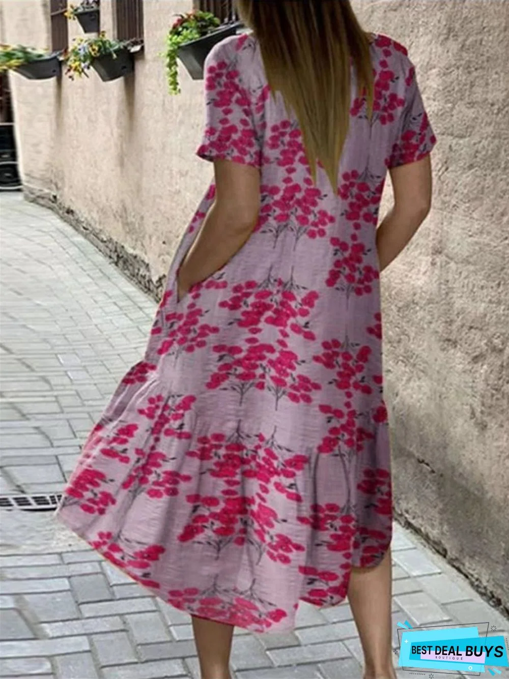 Flower Print Short Sleeve Plus Size Dress