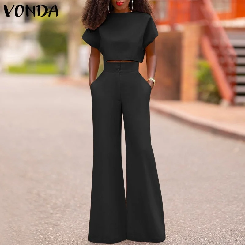 2022 VONDA Women Summer Pants Sets Casual Solid Color O Neck Short Sleeve Party Top High Waist Zipper Pants Office Long Trousers