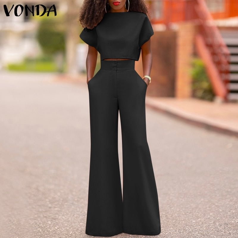 VONDA Women Pants Sets 2022 Female Casual Solid Color Round Neck Short Sleeve Tops High Waist Zipper Pants Office Long Trousers