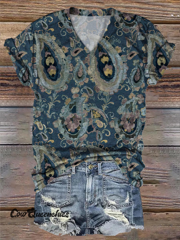 Retro Pattern Print Comfortable V Neck T-Shirt Blue / S