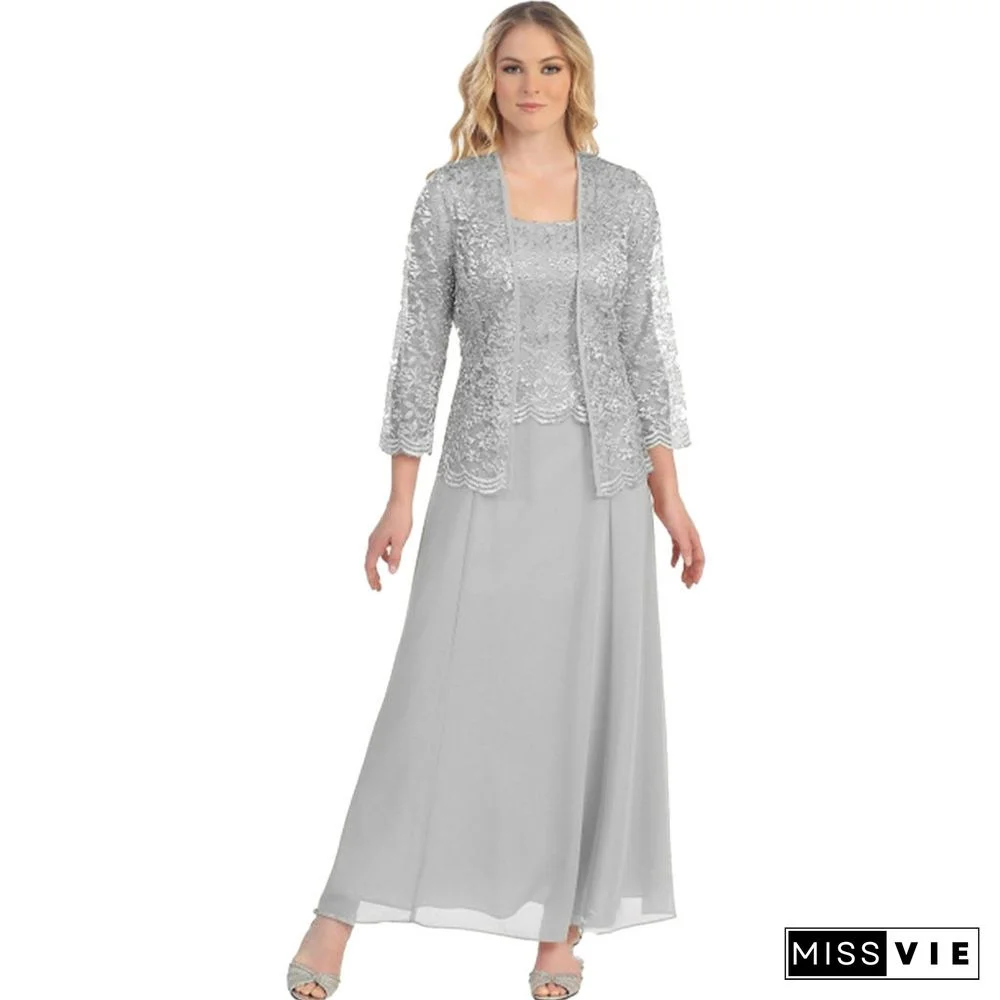 Plus Size 2-pieces Set Lace Cardigan Long Chiffon Dress Women Set