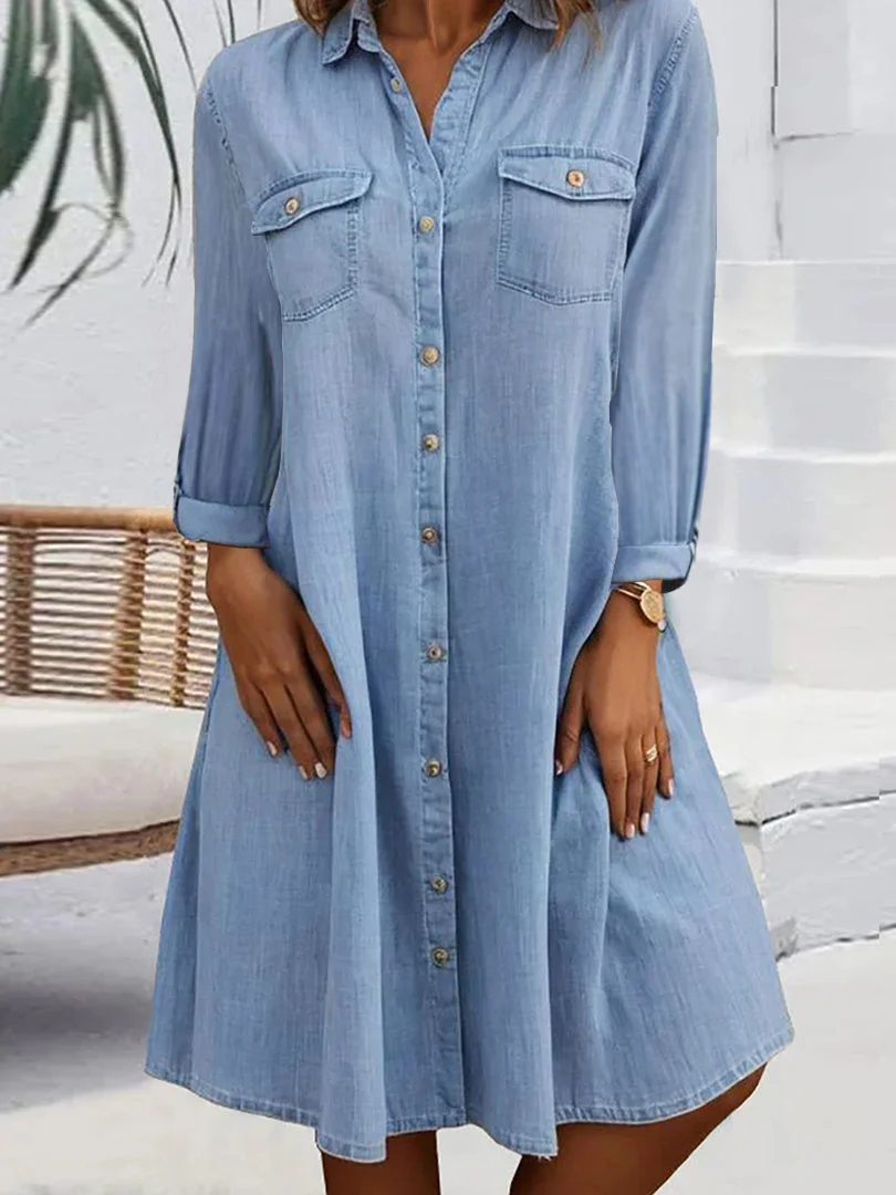 Women Long Sleeve Shirt Collar Solid Button Pockets Denim Midi Dress