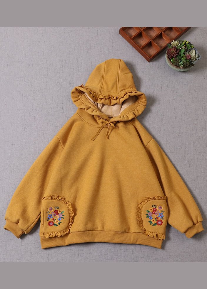 Italian Yellow Hooded drawstring Warm Fleece Pullover Sweatshirt Winter CK2268- Fabulory