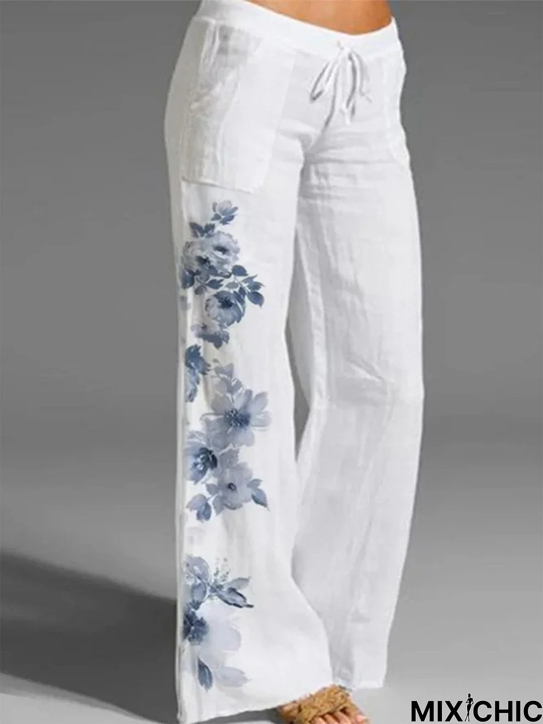 Draw String Floral Cotton Casual Pants