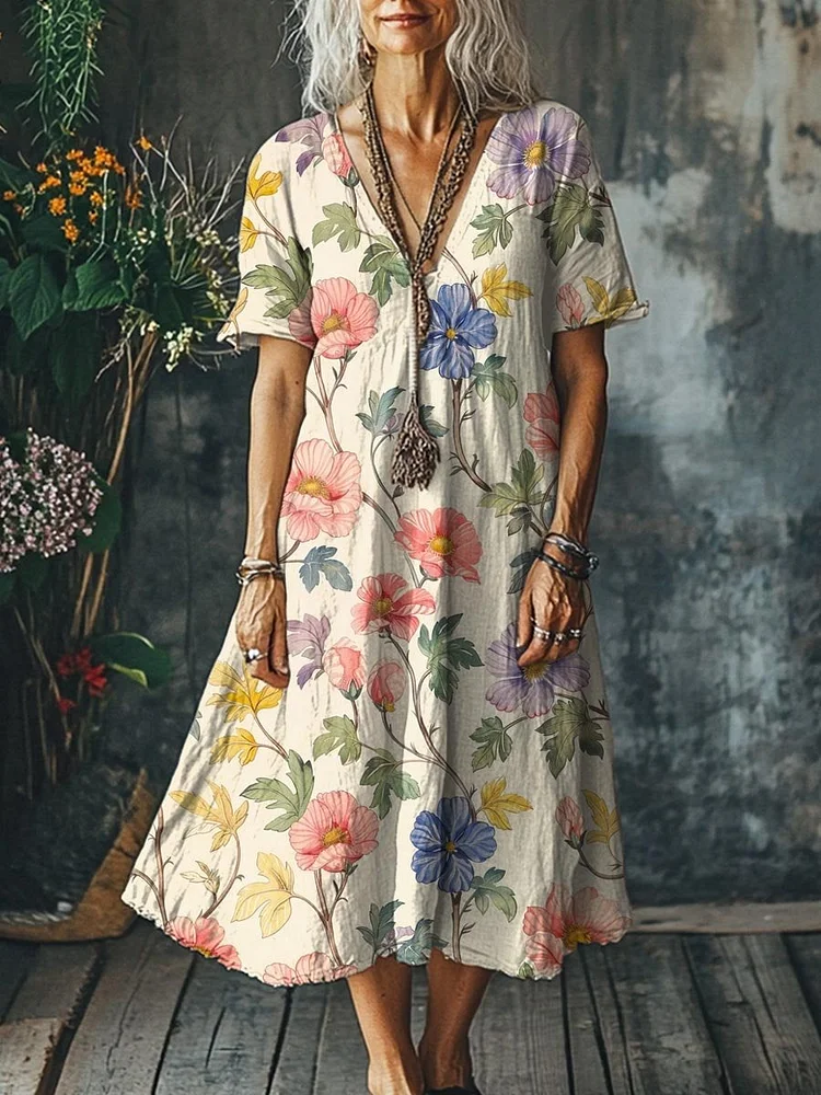 Women's Vintage Lovely Floral Art Print Pocket Cotton Dress