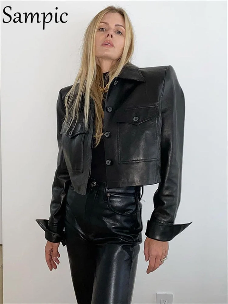 Sampic Fashion Black Women Leather Turn Down Collar Skinny Blouse Jacket Coat Winter Casual 2021 Long Sleeve Shirt Tops Outwear