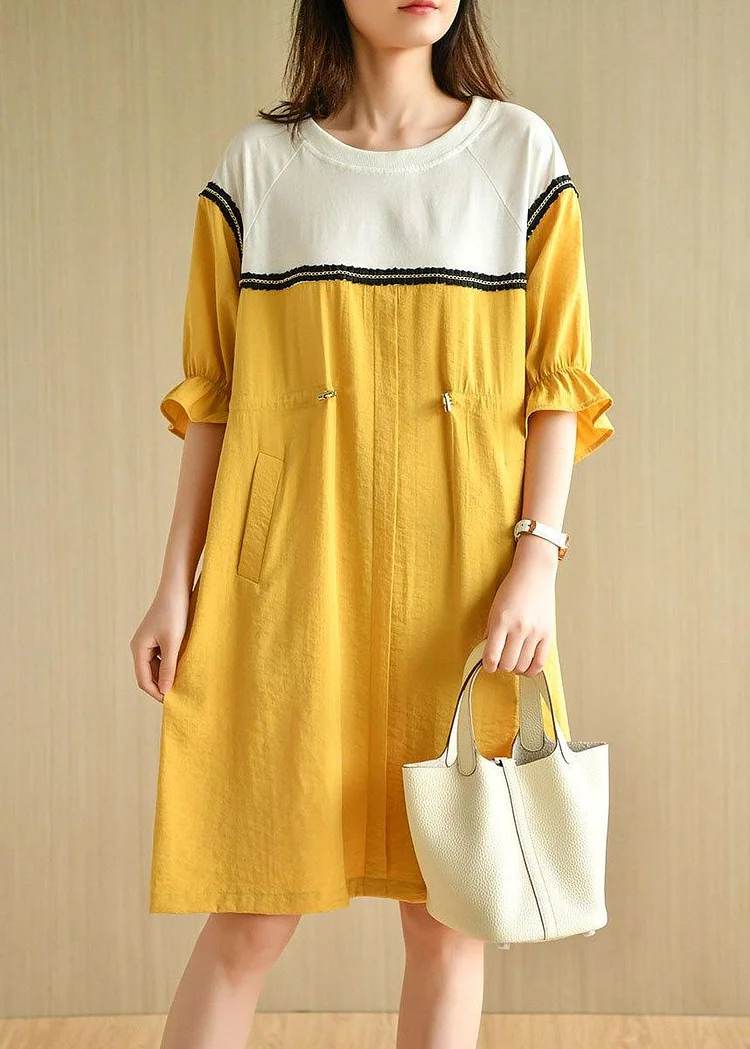 Casual Yellow Tie Waist Pockets Patchwork Summer Vacation Dress Half Sleeve