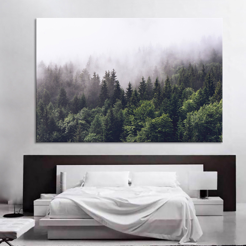 Morning Fog Over Mountains  Trees Forest Large Canvas ​Wall Art 