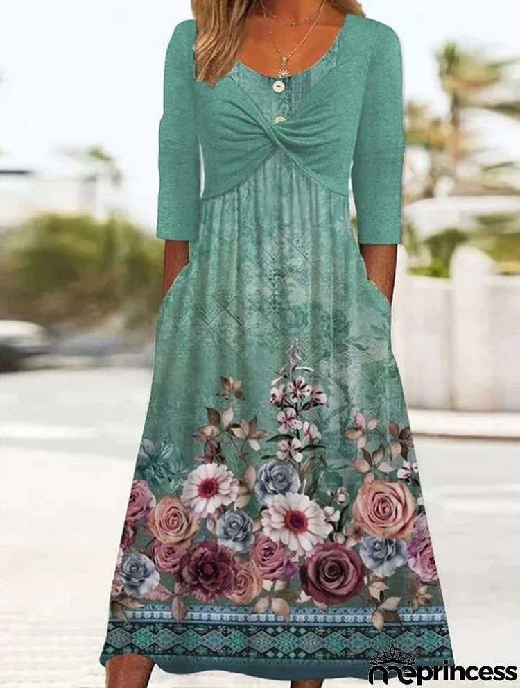 Women's Casual Dress Summer Dress Print Dress Floral Ruched Fake two piece Crew Neck Midi Dress Fashion Modern Outdoor Daily Half Sleeve Regular Fit Green Spring Summer S M L XL XXL