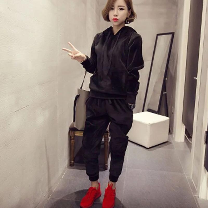 Female Velvet Tracksuit Warm Soft Home Two Piece Set Women Thicken Hooded Long Sleeve Top & Pants Suit Fashion