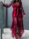 Stylish Irregularity Hollow Split-Joint Lace Bandage Long Sleeves Midi Dress
