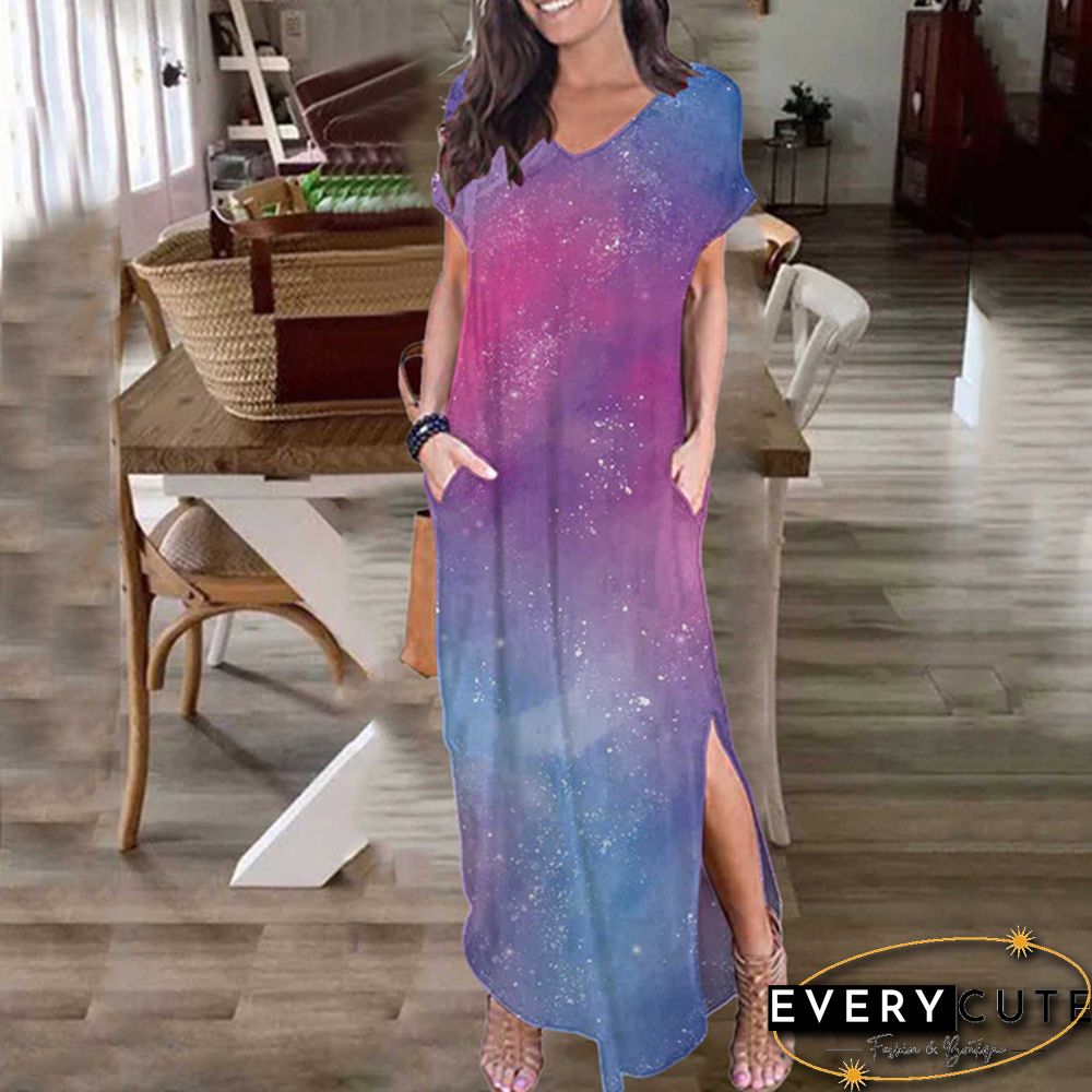 Summer New Women Boho Tie-Dye Pullover Short Sleeve Maxi Beach Sundress Casual Loose Long Slip Dress