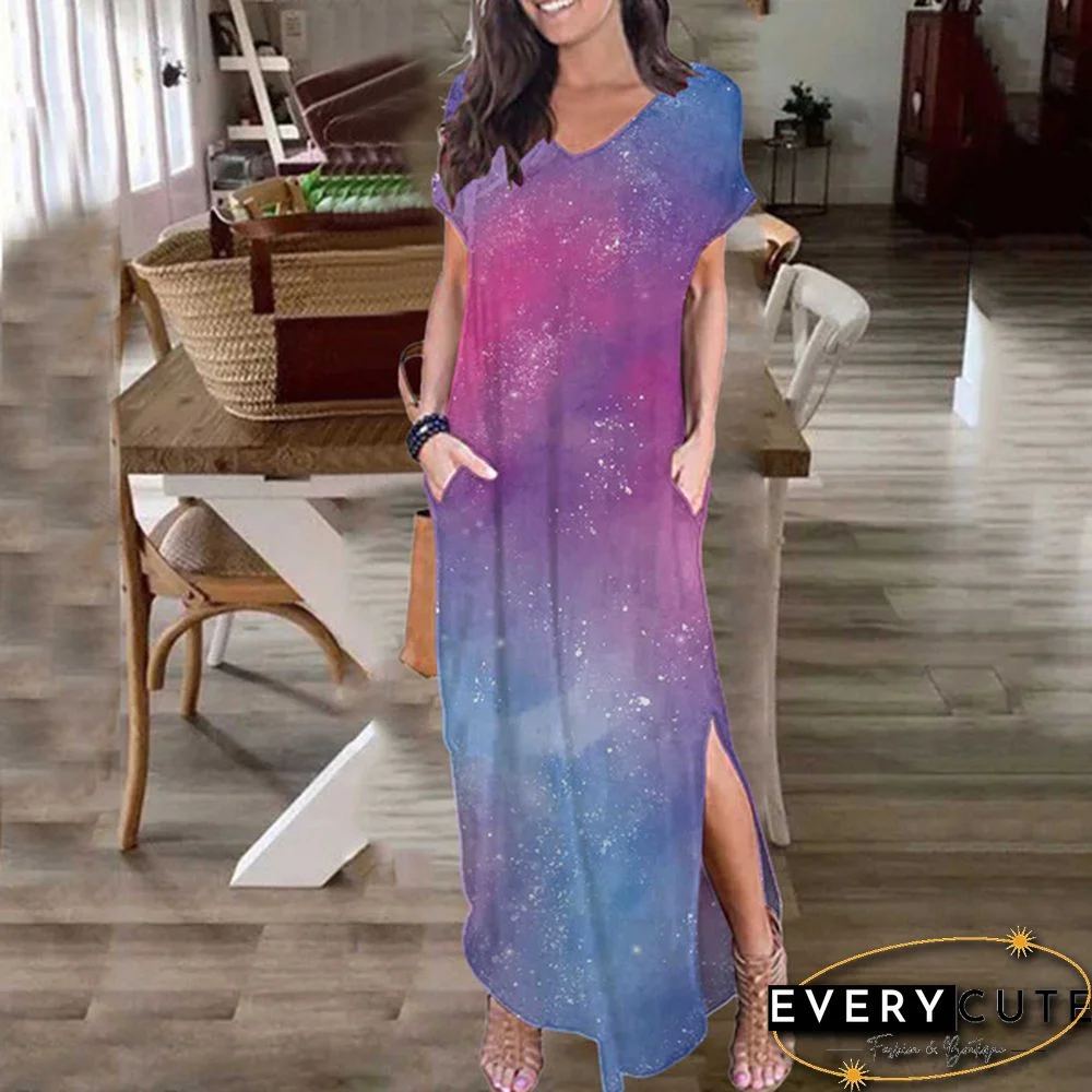 Summer New Women Boho Tie-Dye Pullover Short Sleeve Maxi Beach Sundress Casual Loose Long Slip Dress