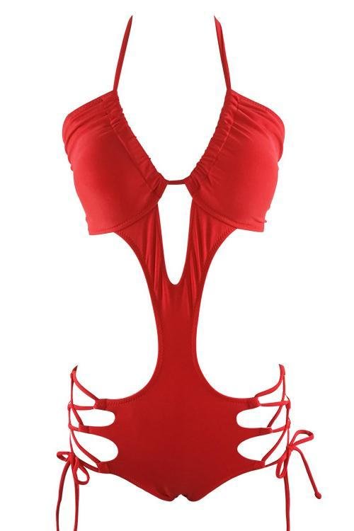 Red Strappy Halter Lace Up Plunge Cutout Sexy Monokini Swimsuit-elleschic
