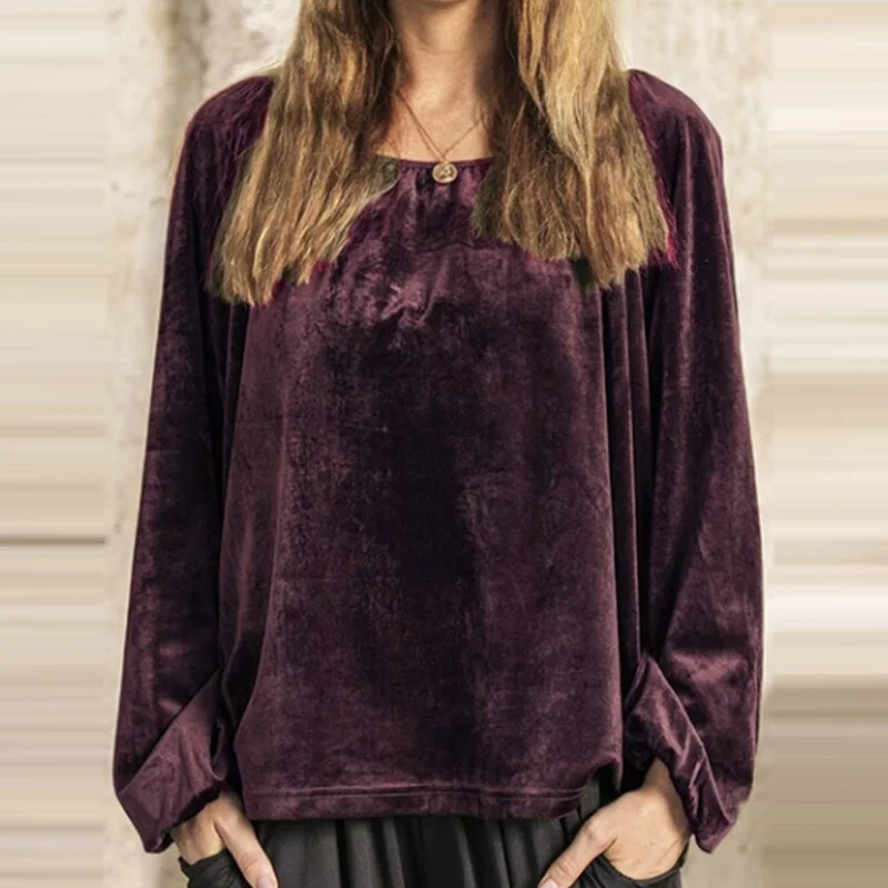 Elegant Fashion O Neck Golden Velvet T-shirts Casual Fall Winter Lantern Sleeves Solid Color Top Loose Pullover Office Lady Tops