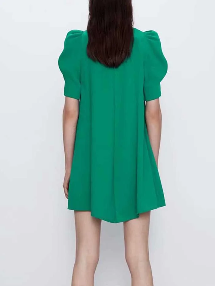 Fashionable V-neck Solid Color All-match Puffy Sleeve Dress