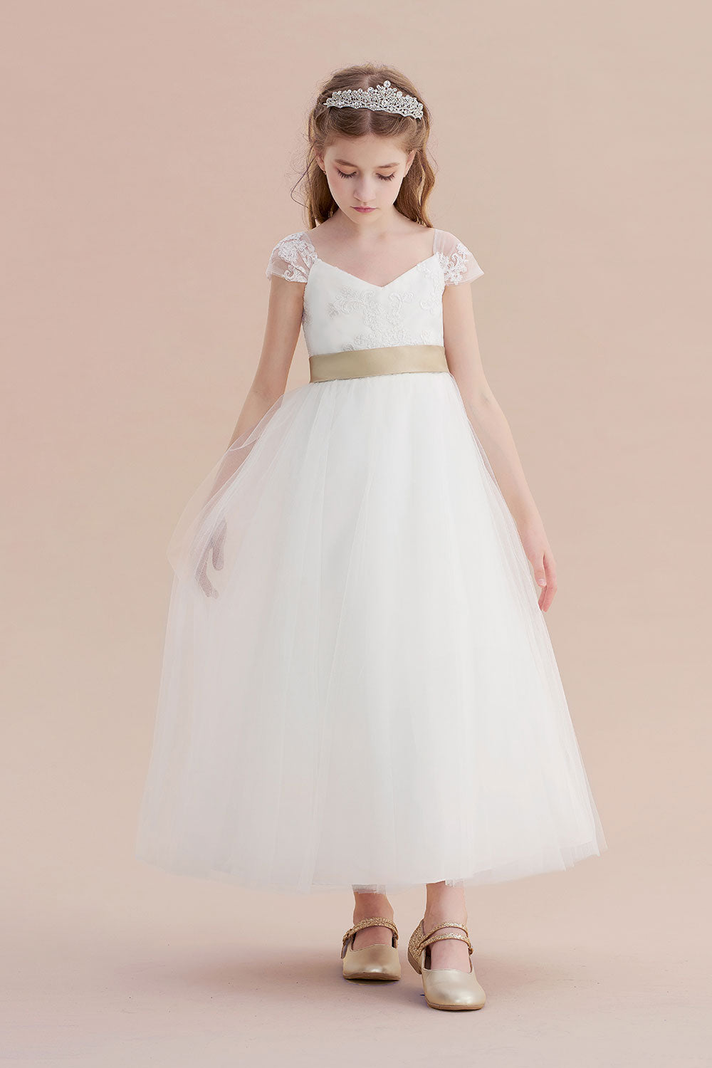 Oknass Cap Sleeve Sweetheart A-line Flower Girl Dress Tulle with Lace Ribbons