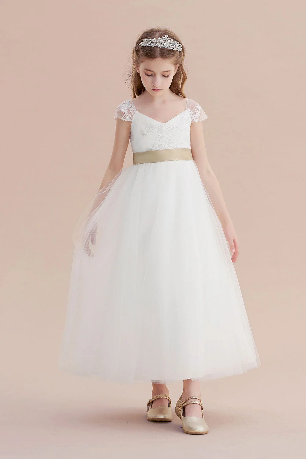 Daisda Cap Sleeve Sweetheart A-line Flower Girl Dress Tulle with Lace Ribbons