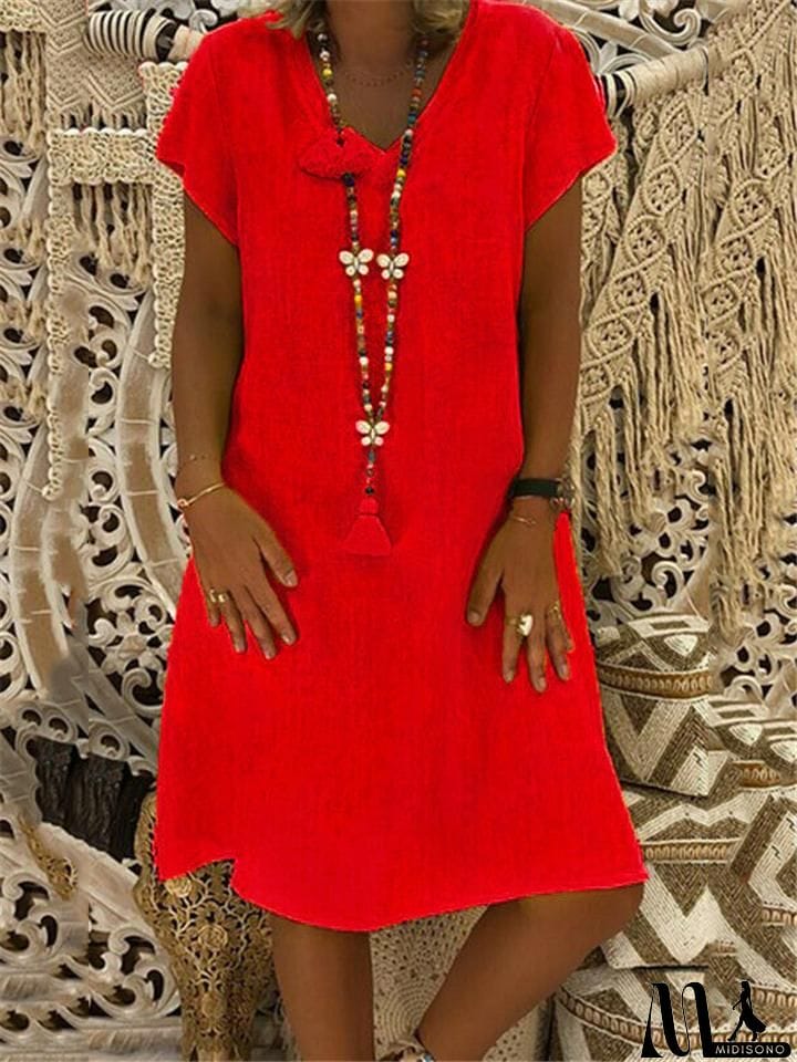 MidiSono - Women's Cozy Short Sleeve Midi Length Shift Dress